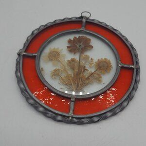 Pressed Flower Stained Glass Sun Catcher Window Ornament Hand Made in USA Red